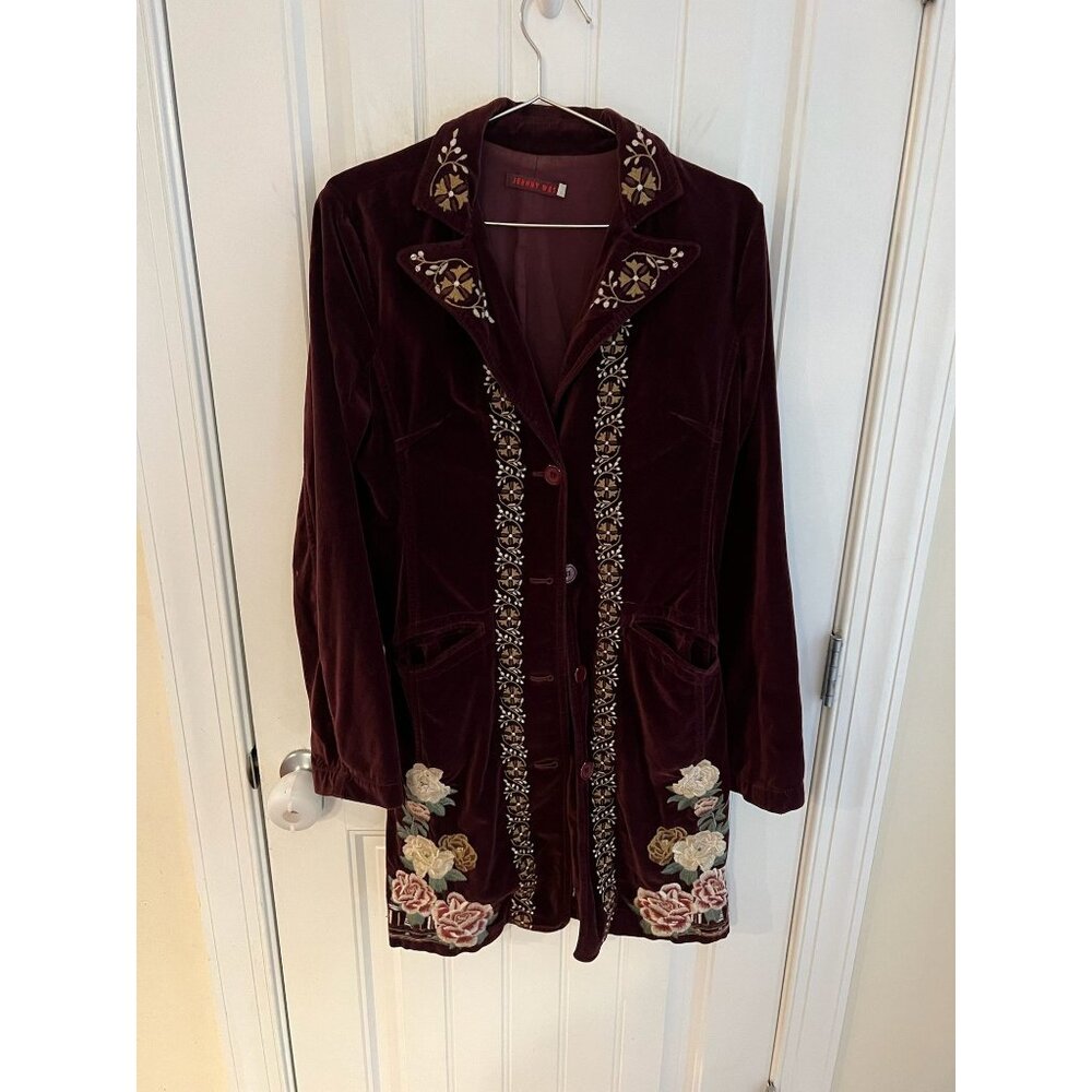Johnny Was Embroidered‎ Velvet Coat Jacket S Burgundy Floral Boho Style Sz Small